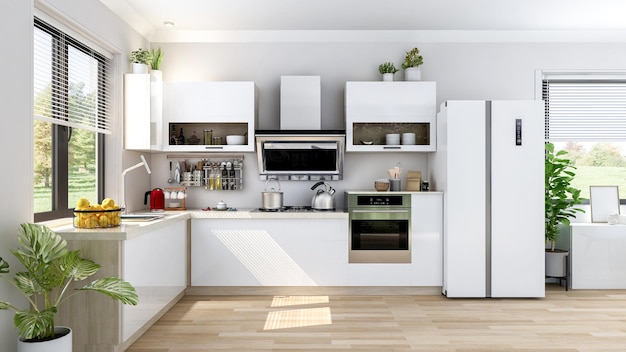 Interior de cocina moderno y elegante en blanco Rendering en 3D