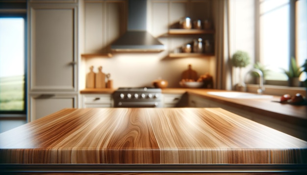 Un interior de cocina moderno con enfoque en una mesa de madera con fondo borroso con electrodomésticos IA generativa