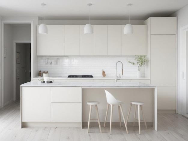 Foto interior de cocina moderno con gabinetes blancos y encimera de mármol