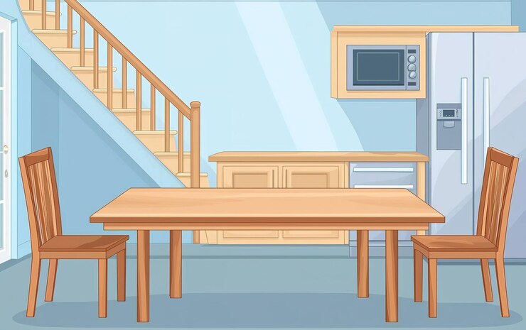 Foto interior de cocina moderno con mesa de comedor de madera y sillas en un ambiente acogedor