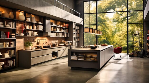 Interior de cocina moderno con muebles blancos y acentos de madera