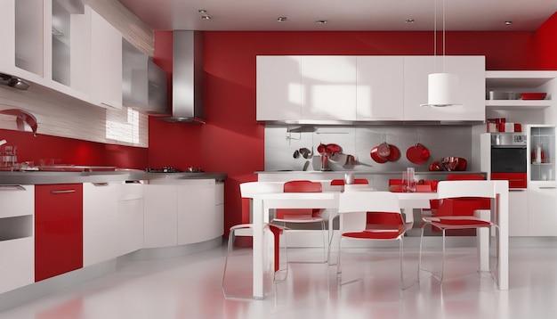 Foto interior de cocina moderno con paredes rojas y muebles blancos