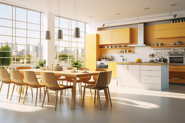 Interior de cocina moderno con sillas amarillas fregadero de mesa de madera y microondas creado con Ai