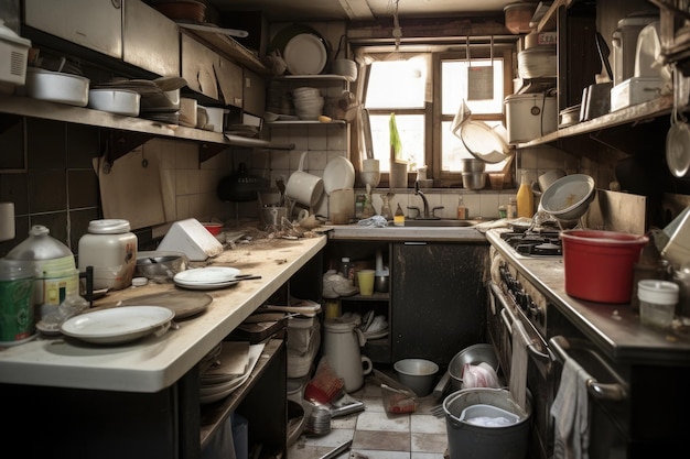 Foto interior de cocina muy desordenado platos sin lavar ia generativa