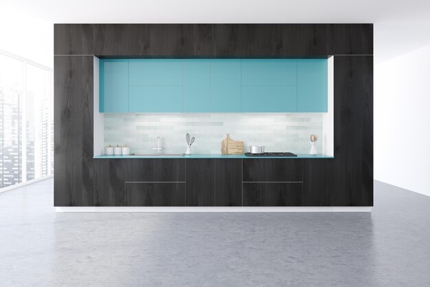 Foto interior de cocina original en blanco y negro con suelo de hormigón, encimeras negras y azules y ventanas tipo loft. maqueta de renderizado 3d