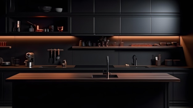Interior de cocina oscuro con fregadero y estufa de isla de bar