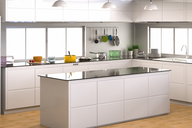 Interior de cocina de renderizado 3D con mostrador vacío