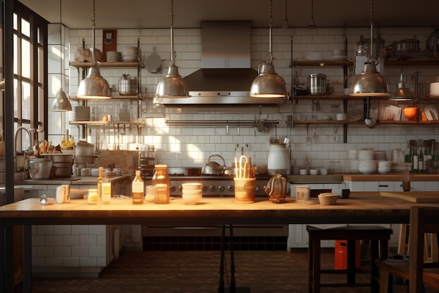 Foto el interior de una cocina de un restaurante cobra vida con su variedad de utensilios y muebles