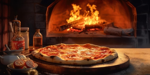 El interior de la cocina del restaurante italiano con pizzas frescas al horno de leña tradicional e ingredientes en la mesa AI generativa