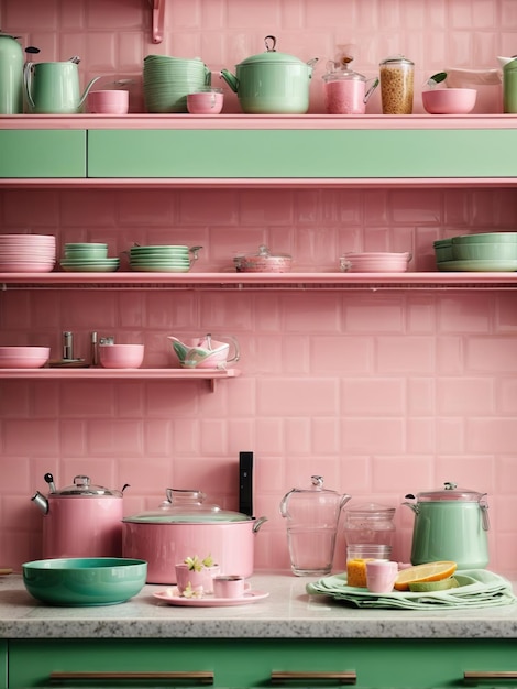 Interior de la cocina en rosa decorado con platos en rosa y verde