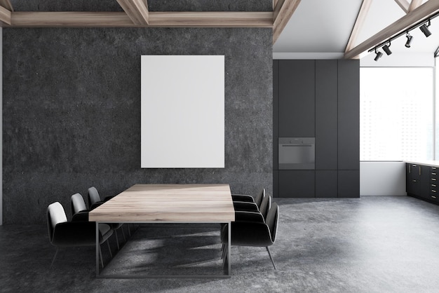 Interior de cocina tipo loft con paredes y suelo de hormigón, encimeras grises con electrodomésticos integrados y una mesa de madera con sillas. Una maqueta de renderizado 3d de póster en blanco vertical