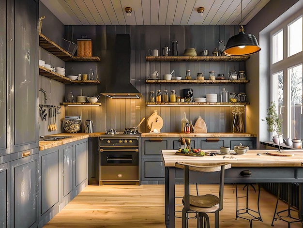 Foto interior de la cocina en tonos grises con algunos acentos de madera
