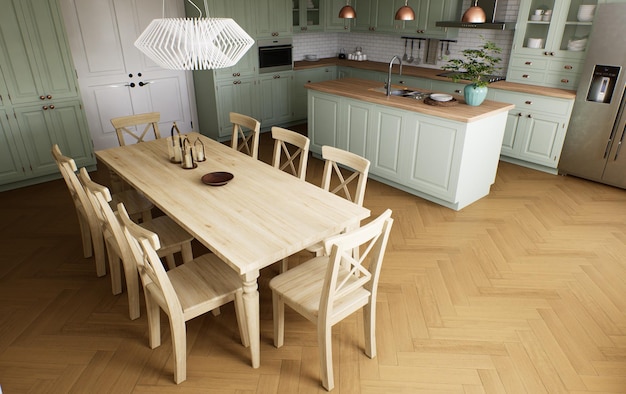 Interior de cocina verde con isla Cocina elegante con encimeras de madera