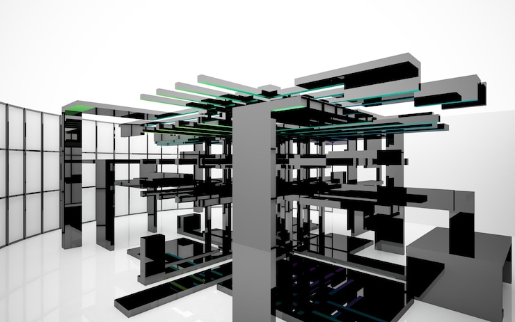 Foto interior de color degradado de vidrio arquitectónico abstracto de una casa minimalista con grandes ventanales 3d i