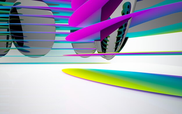Interior de color degradado de vidrio arquitectónico abstracto de una casa minimalista con grandes ventanales. 3D