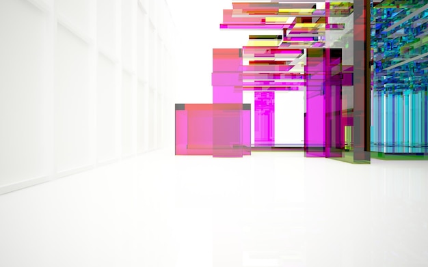 Interior de color degradado de vidrio arquitectónico abstracto de una casa minimalista con grandes ventanales modelo 3d