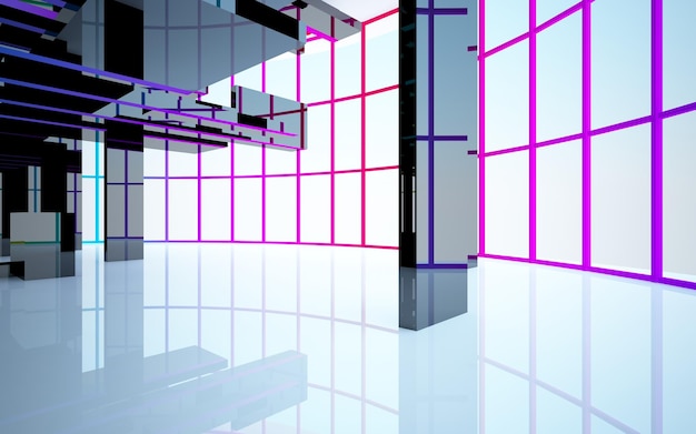 Interior de color degradado de vidrio arquitectónico abstracto de una casa minimalista con grandes ventanales modelo 3d