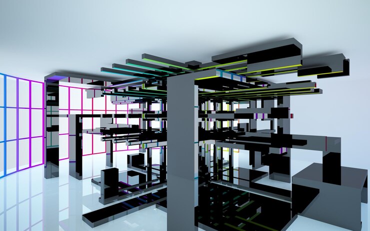 Foto interior de color degradado de vidrio arquitectónico abstracto de una casa minimalista con grandes ventanales modelo 3d
