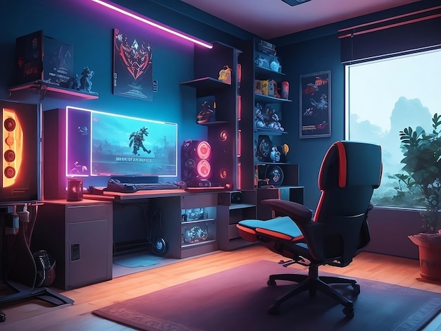 Interior de una colorida sala de juegos moderna con luz de neón Jugar videojuegos ver películas pasatiempo