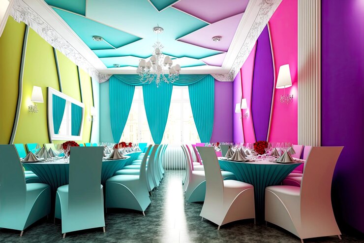 Foto interior colorido brilhante no salão de casamento do restaurante