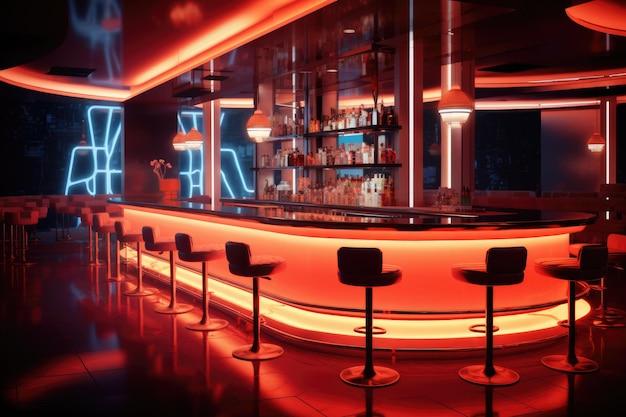 Foto interior colorido de un club nocturno brillante y hermoso interior de un club noturno con mostrador de bar con silla generado por ai