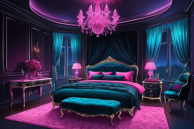 Interior colorido diseño de sala de estar terciopelo color neón lujo