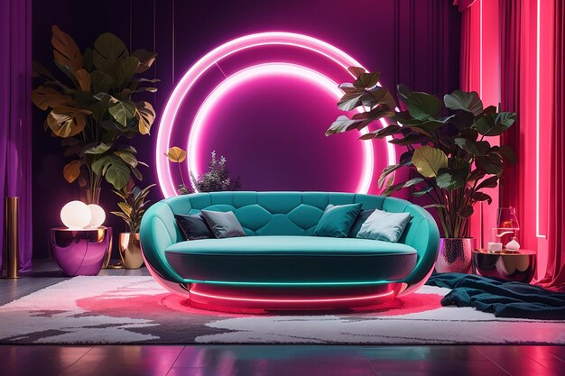 Foto interior colorido diseño de sala de estar terciopelo color neón lujo