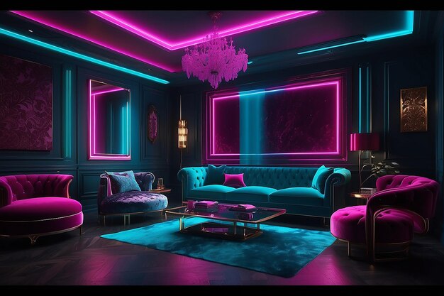 Foto interior colorido diseño de sala de estar terciopelo color neón lujo