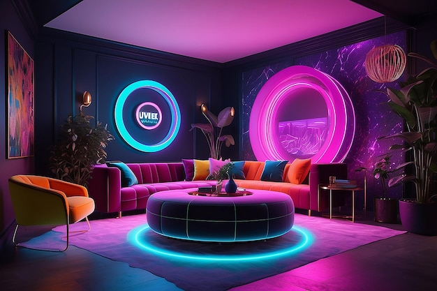 Interior colorido diseño de sala de estar terciopelo color neón lujo