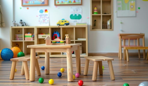 Interior colorido y educativo de una sala de juegos con muebles y juguetes de madera