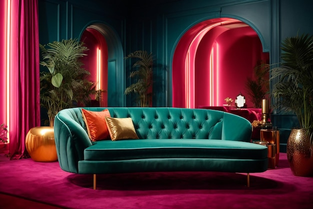 Interior colorido sala de estar design veludo cor neon luxo