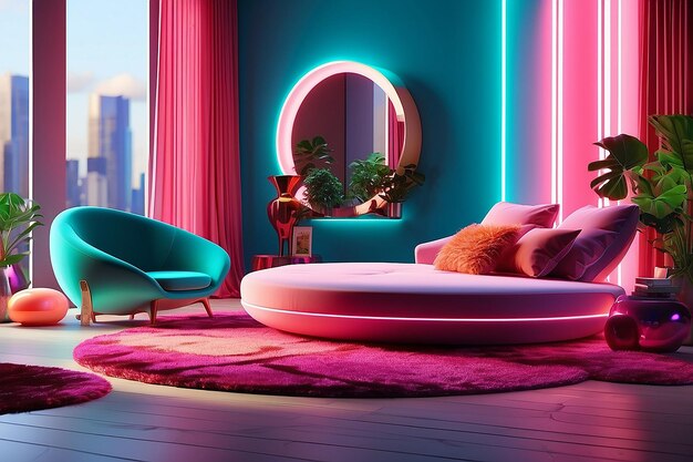 Interior colorido sala de estar design veludo cor neon luxo