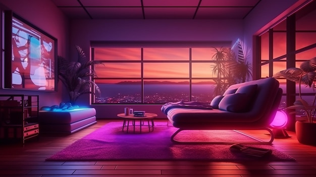 Interior com estilo Synthwave em tons de rosa laranja roxo e iluminação neon Generative ai