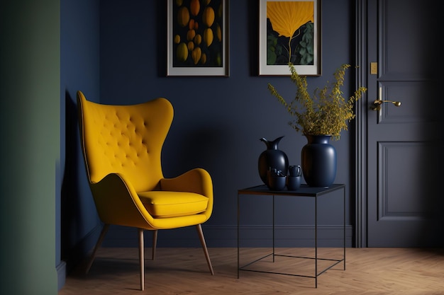 Interior com parede azul escura, poltrona mostarda e mesas coloridas