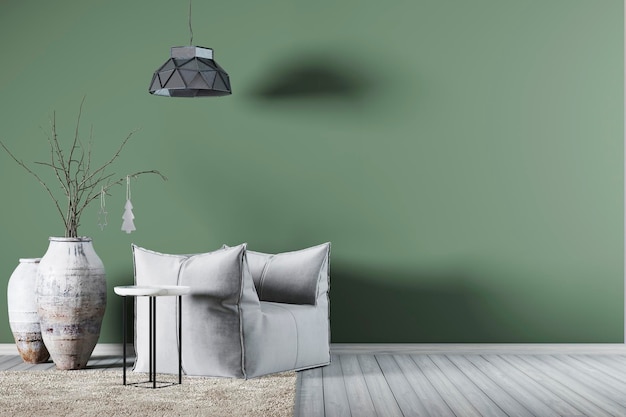 Interior com poltrona branca de parede verde vazia e pequena mesa lateral renderização em 3D