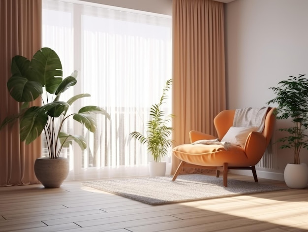 Interior com sofá de poltrona laranja e plantas iluminação suave geração ai