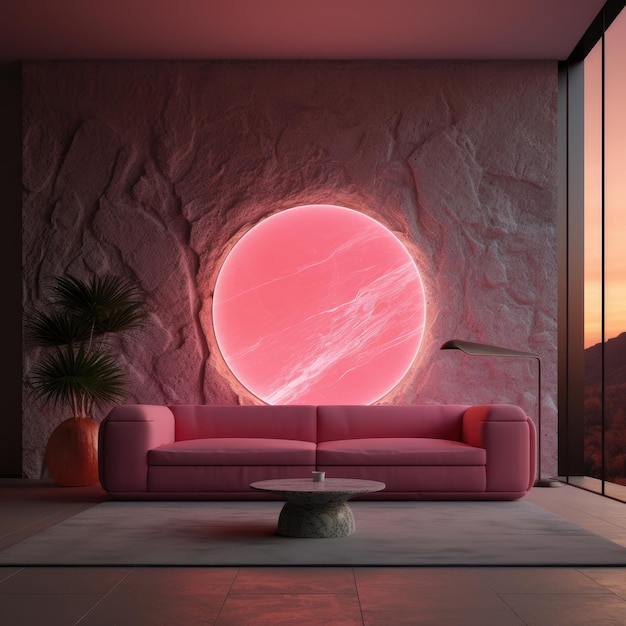 Foto interior com sofá rosa parede de pedra com luz redonda e decoração ai gerado