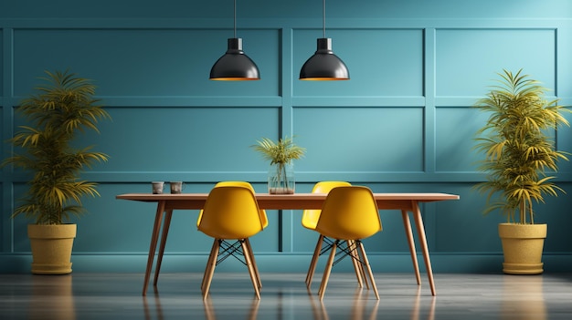 El interior de un comedor azul con un cartel y sillas blancas en una mesa de madera con una planta