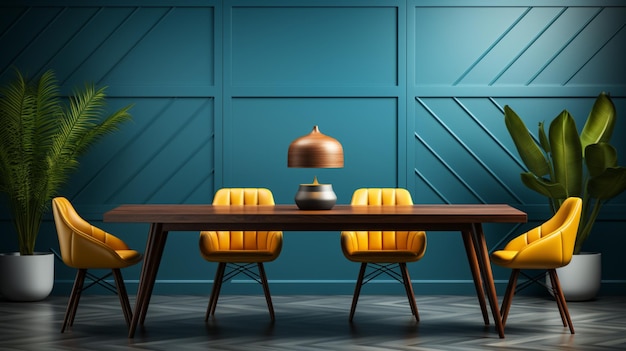 El interior de un comedor azul con un cartel y sillas blancas en una mesa de madera con una planta