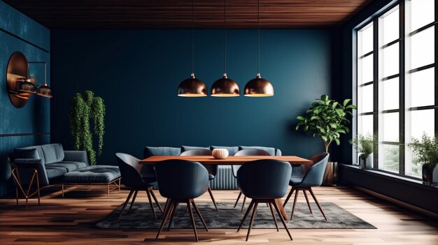 Interior de comedor azul con sillas de cuero marrón y una mesa de madera.