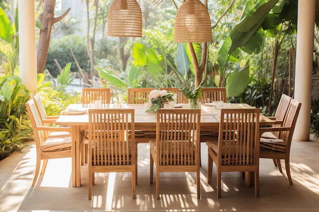 Interior de comedor contemporáneo con mesa elegante y sillas de madera para el diseño moderno del hogar