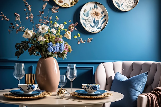 Interior de comedor con decoración floral placas pared azul y