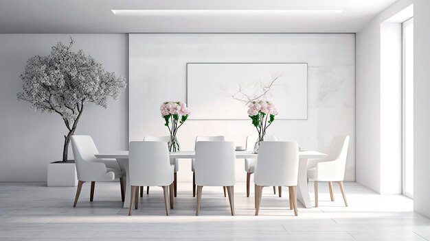 Interior de un comedor moderno con una larga mesa blanca con sillas blancas y un jarrón con flores