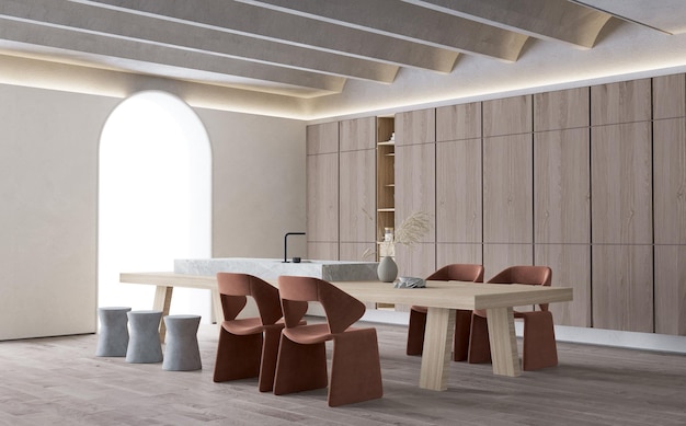 Interior de comedor moderno con mesa y sillas de comedor ilustración 3D