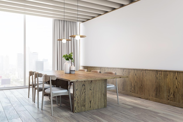 Interior de comedor moderno con muebles de madera grandes ventanas y vista del paisaje urbano concepto de diseño de casa 3D Rendering