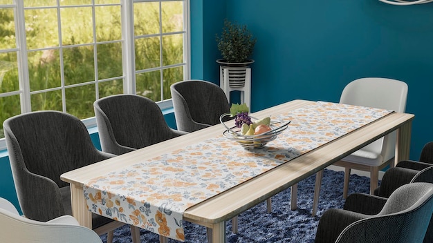 Interior de un comedor moderno con paredes azules y mesa de madera.
