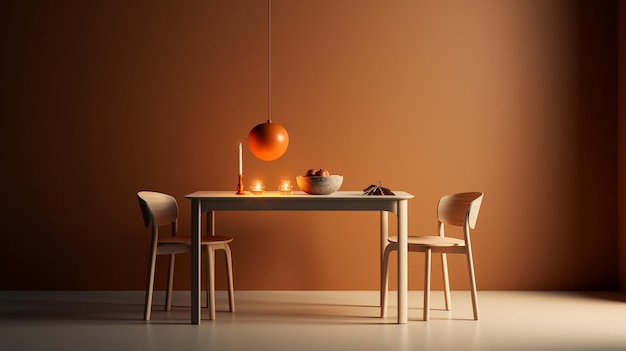 Interior de comedor moderno con render 3d de pared naranja