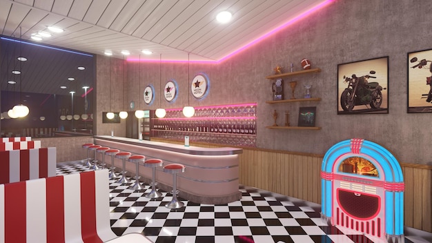 Interior de comedor retro con una jukebox de iluminación de neón en el suelo de baldosas y taburetes de bar de estilo art deco ilustración 3d