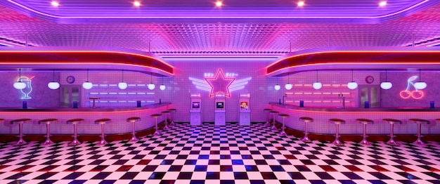 Foto interior de comedor retro con piso de baldosas, iluminación de neón, máquina de arcade vintage y taburetes de bar, ilustración 3d