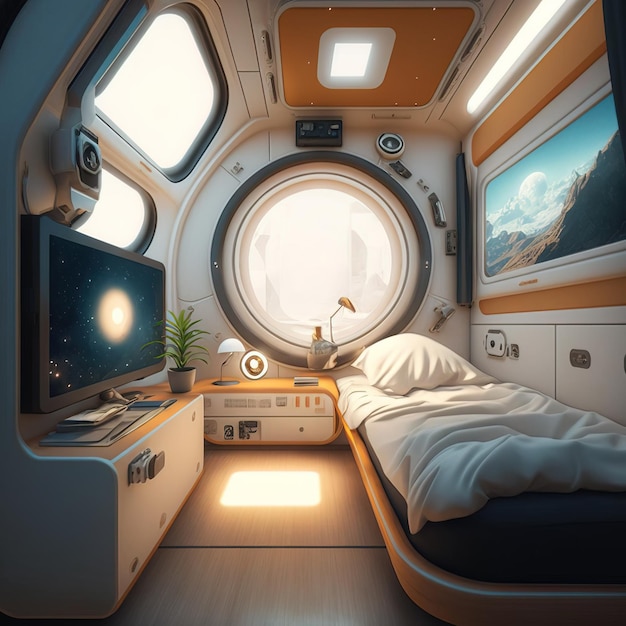 interior de una cómoda nave espacial para una sola persona vista espacial tecnología futurista ai generativa